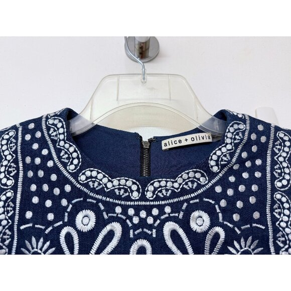 Alice + Olivia Rapunzel Mini Dress Embroidered Blue Denim Floral Dot Chambray 4 - Picture 4 of 15